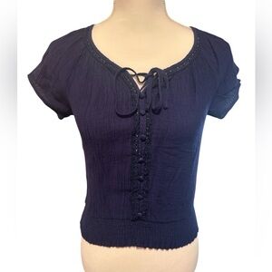 MINE Navy Lace Trim Button Front Peasant Boho Cropped Top Size Small